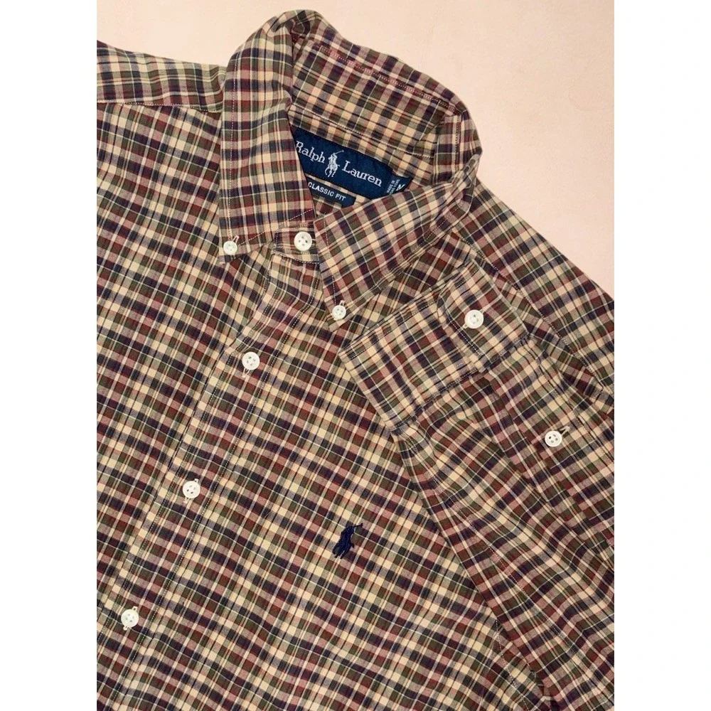 Polo Ralph Lauren Brown Plaid Button Down Mens Medium Long Sleeve Classic Fit